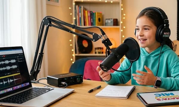 A kid recording a podcast at home with headphones and a microphone